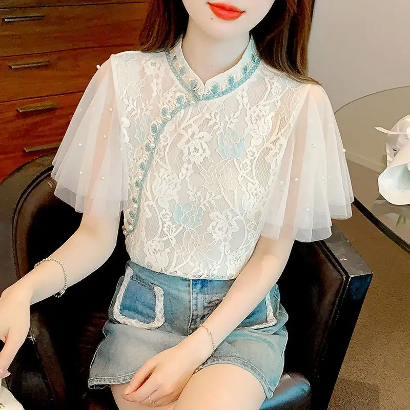 

Summer Women Blouse Fashion Short Sleeved Chiffon Shirt 2026 New Lace Crochet Top Small Shirt
