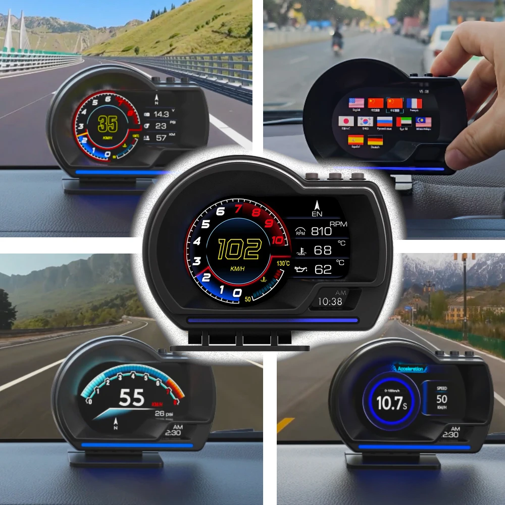 9 kinds display 5inch Car Gauge P6 OBD2+GPS dual mode 2in1 HUD Digital Speedometer for all Car Multi-languages/alarms/functional