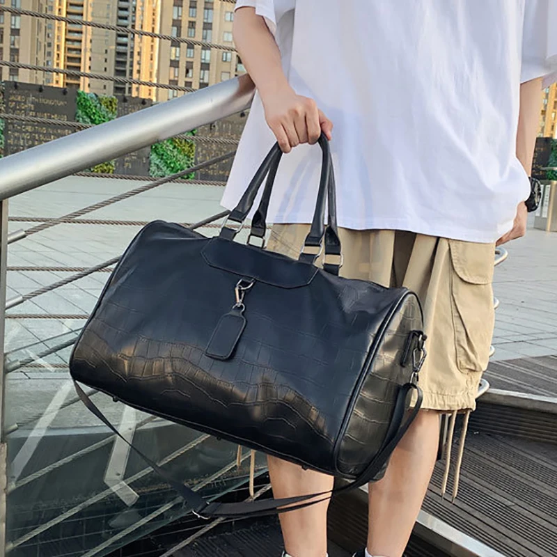 Stone Pattern Travel Tote Women'S Handbag Gym Fitness Bag Man PU Leather Duffle Luggage Shoulder Sports Weekend Outdoor Bag