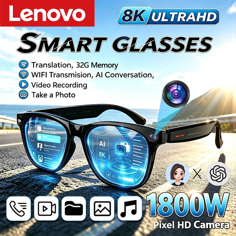 Lunettes intelligentes Lenovo AI 8K avec télécommande, appareil photo tactile, enregistrement, écoute de musique, traducteur, assistant vocal, lunettes de soleil intelligentes