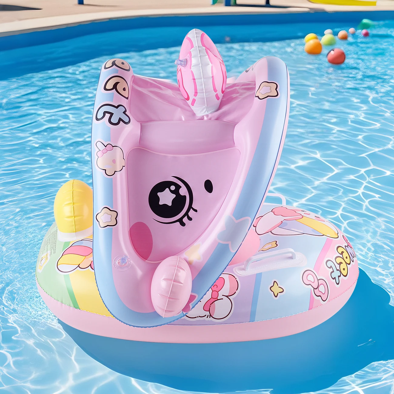 Tumbona inflable con sombrilla rosa de conejito bonito, anillo de natación con reposabrazos esencial de verano para niños menores de 30KG, 1 ud.