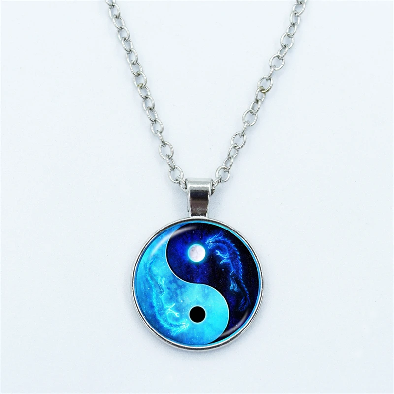 Yin Yang Tai Chi Necklace for Women Jewelry Moon Dragon Cabochon Glass Pendant Fashion Statement Crystal Necklace Gift