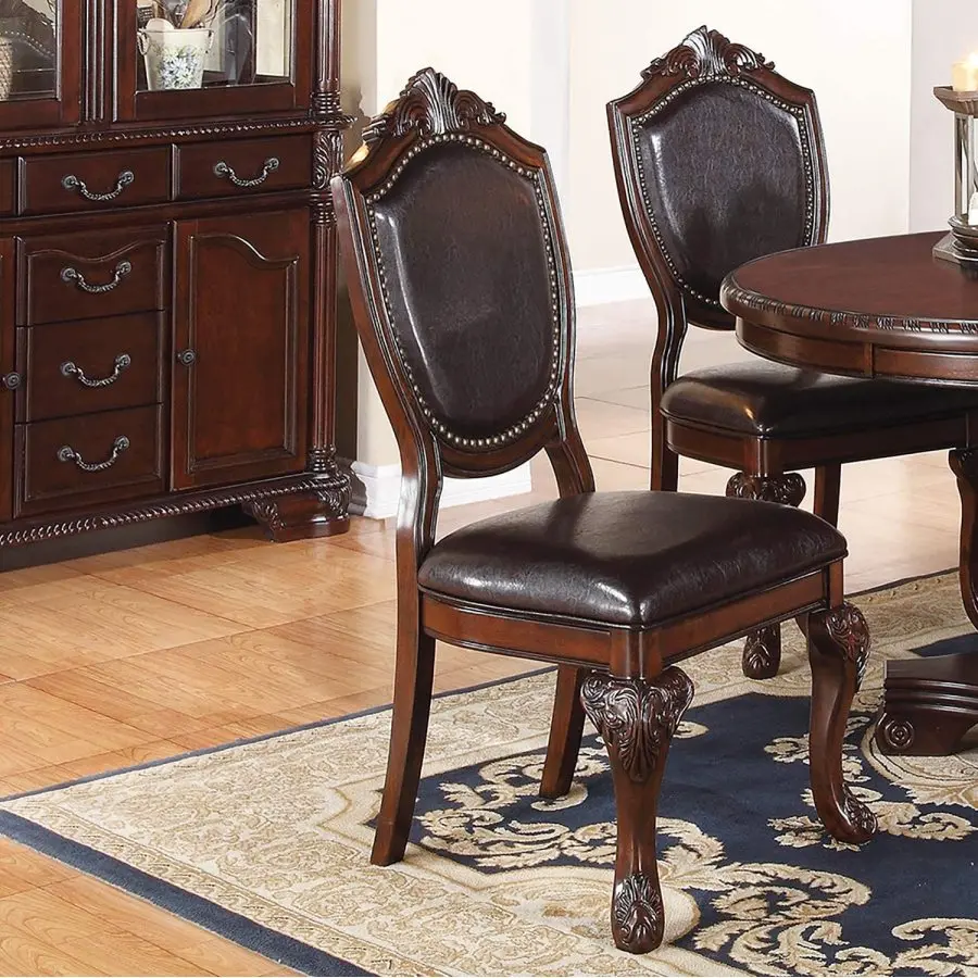Royal Majestic Formal Set of 2 Side Chairs Brown Color Rubberwood Dining Room Furniture Intricate Design Faux Leather Upholster