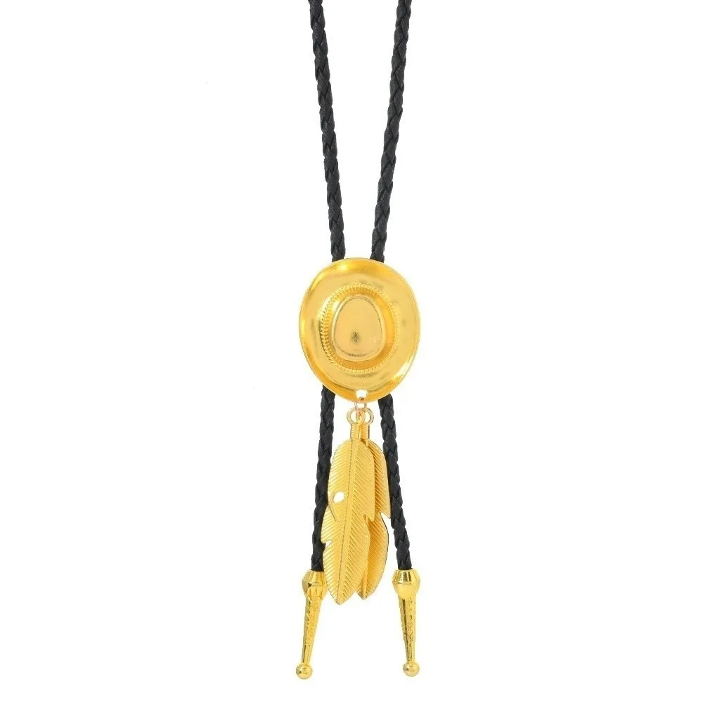 Retro Vintage Western Cowboy Hat Necklace Leather Rope Adjustable Long Pendant Chain Unisex Alloy Metal Feather Necktie Party