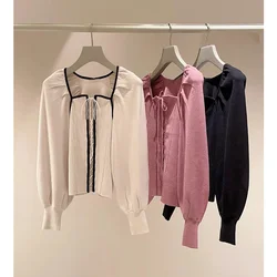 Kuzuwata giapponese collo quadrato lanterna manica Pull Femme 2024 primavera Lace Up Slim maglioni moda dolce Casual Pullover lavorato a maglia