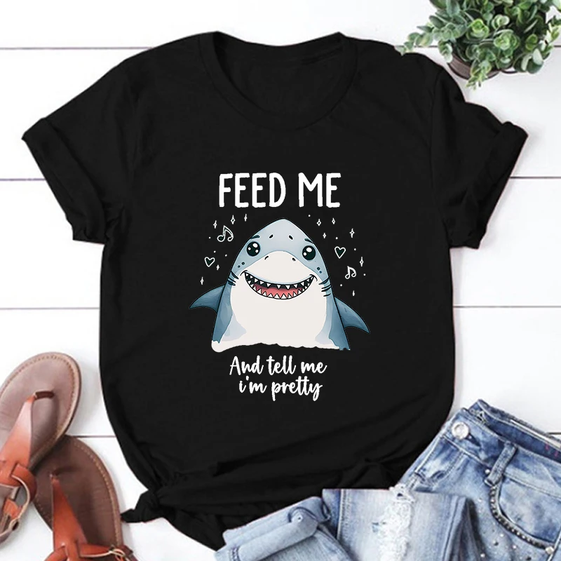 

Hot Shark Feed Me and Tell Me I'M Pretty Print T-Shirt Loose Short Sleeve Harajuku Casual Tops Women T-Shirt Summer Streetwear