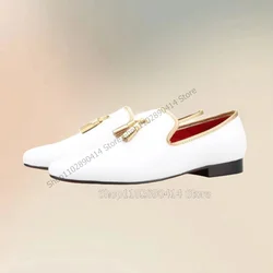 Gold Tassels Decor White Low Top Men Loafers Fashion Slip On Men Shoes Luxurious Handmade Party Feast Banquet Men Casual Shoes