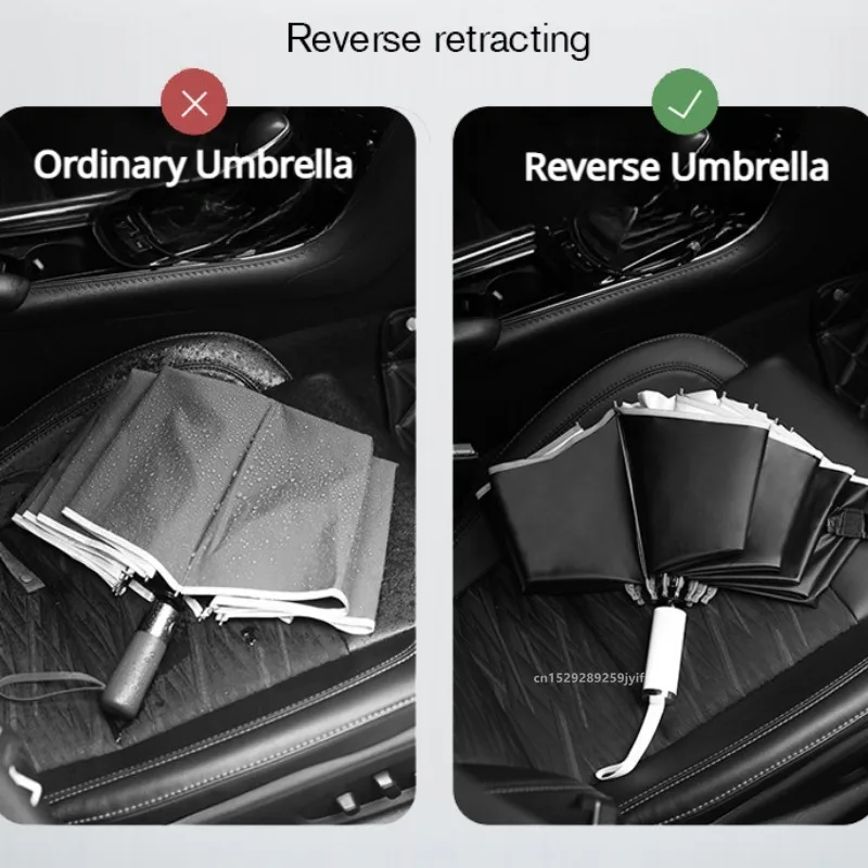 10K Double Bones Automatischer winddichter Regenschirm mit 20 Rippen, reflektierendem Streifen, winddicht, umkehrbar faltbar, UV-Schutz, fürs Auto – Detail 4