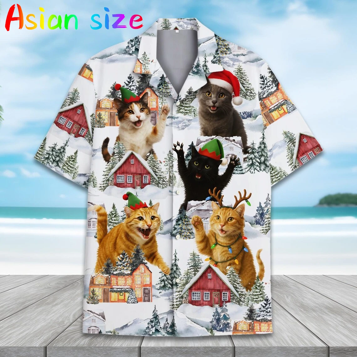 여름 3D 고양이 크리스마스 모자 프린트 셔츠 남성용 어린이 패션 스트리트웨어 반팔 티셔츠 하와이안 셔츠 크리스마스 블라우스
