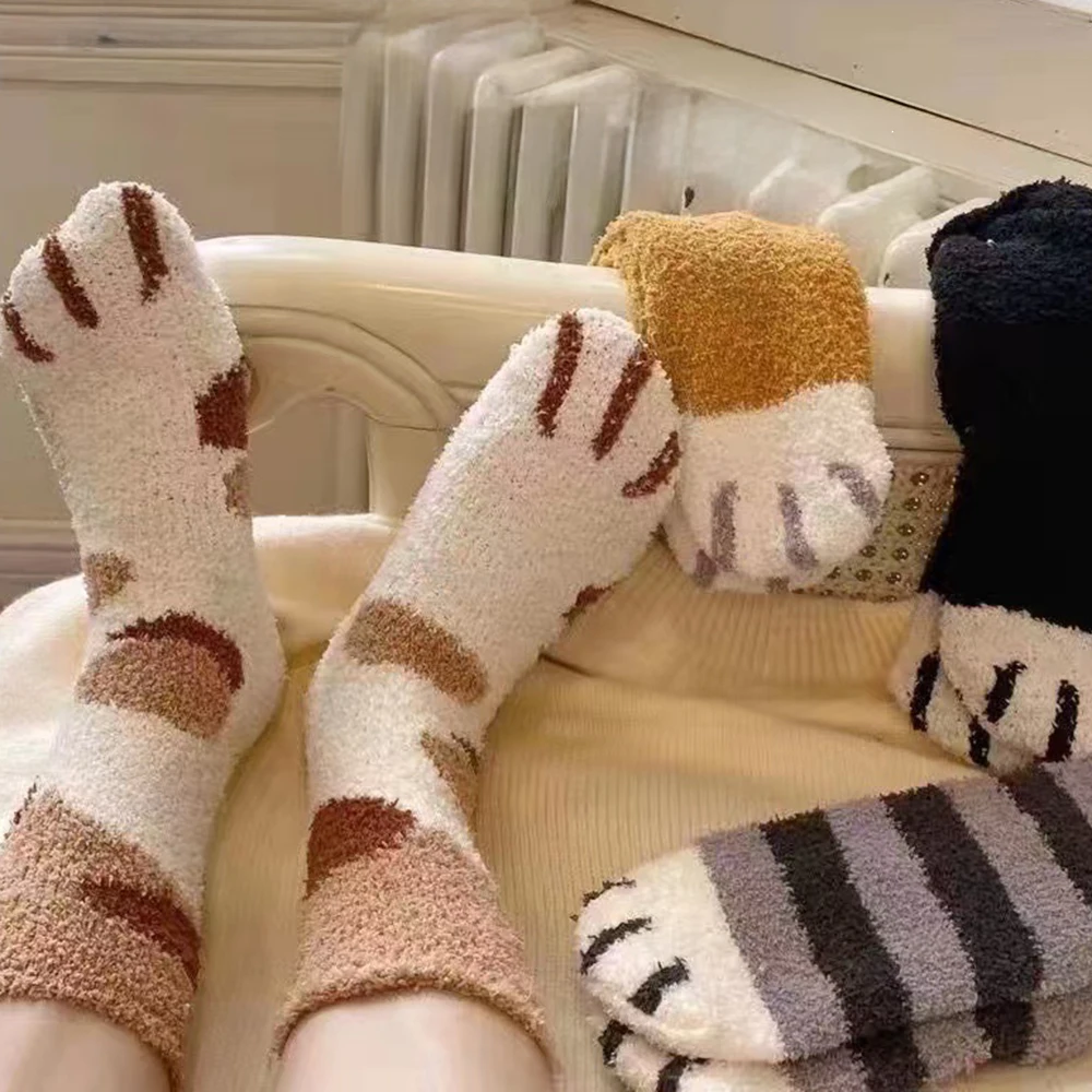 ﻿ 2Pairs Kits Paw Printed Socks Women Men Warm Fluffy Socks Cute Animal Footprints for Home Floor Long Socks 2 Colors view 4