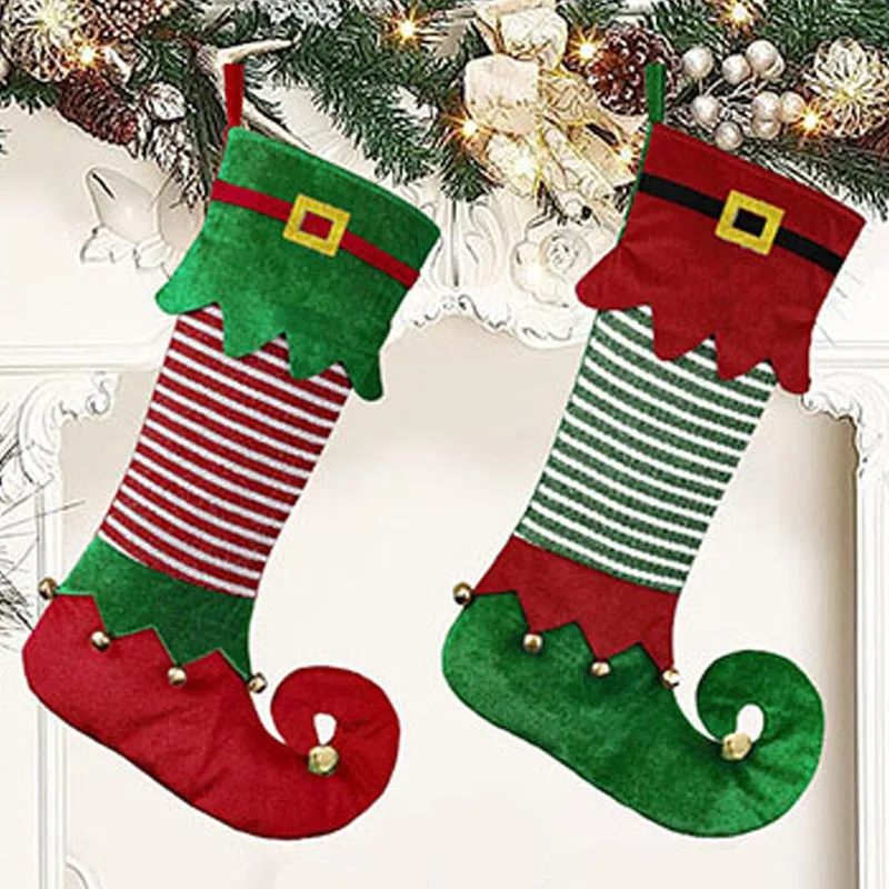 

Christmas Elf Socks Knitted Stripe Stocking Large Christmas Sock Candy Bag Merry Christmas Tree Decorations Xmas Party Ornaments