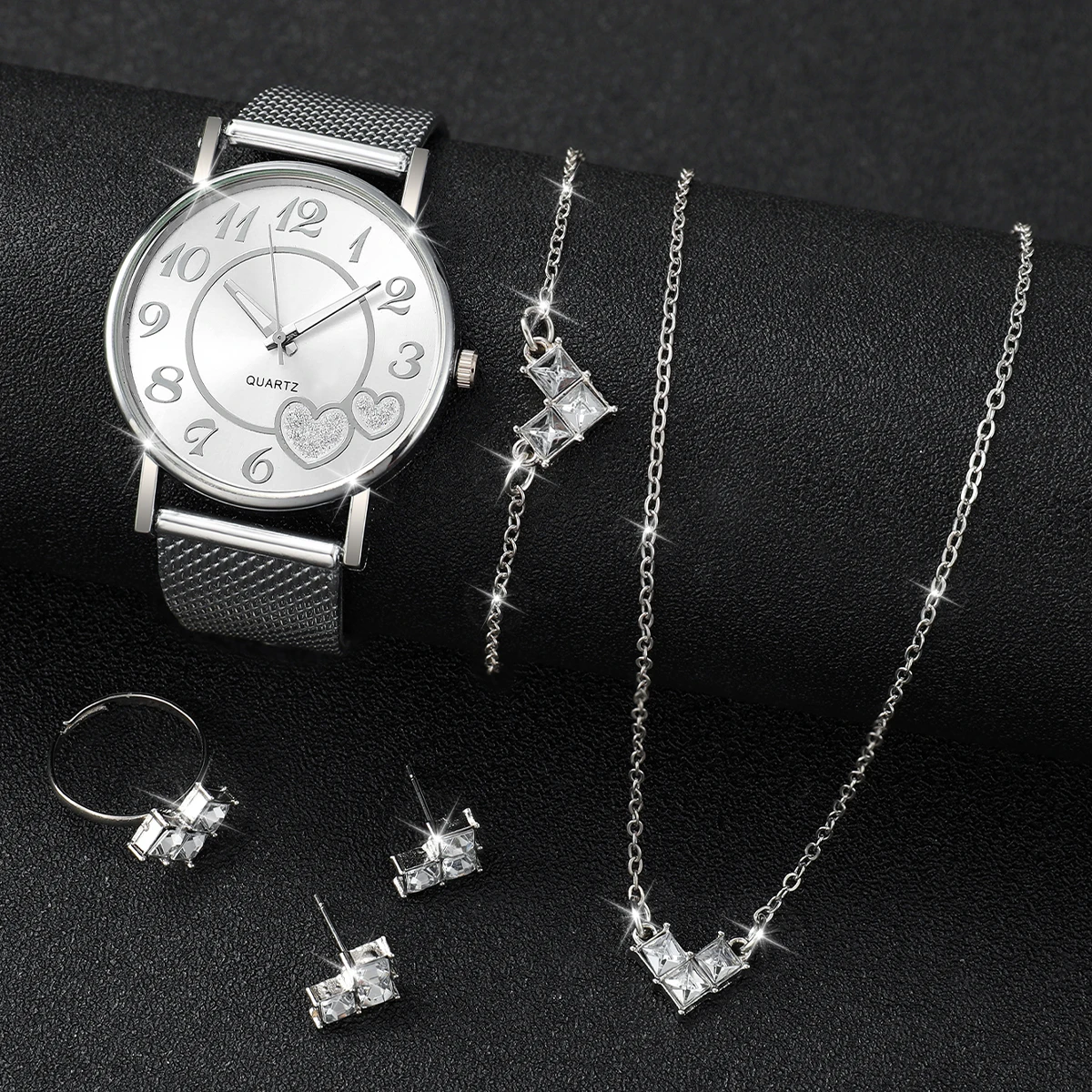 6PCS/Set Fashion Heart Dial Women\'s Quartz Watch Casual Plastic Band Watches Rhinestone Jewelry Set(Without Box)