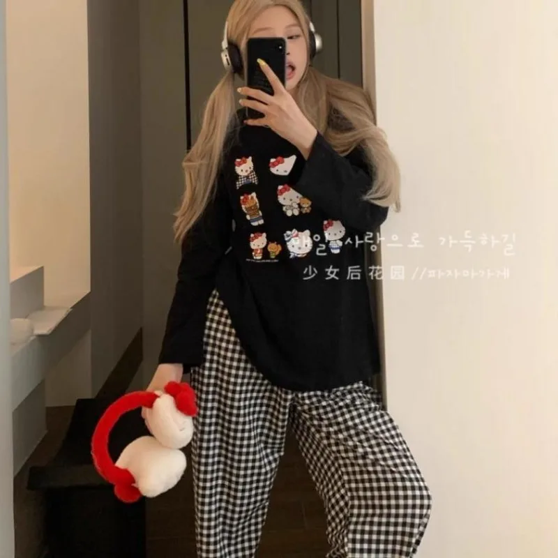 Sanrio Hello Kitty Women Pajamas Cartoon Anime KT Cat Long-sleeved Trousers Two Sets of Loose Leisure Comfortable Homewear Suit