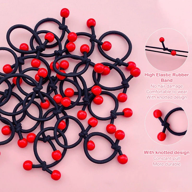 50PC/Set Children\'s Elastic Rubber Hair Bands for Girls Red Beans Ponytail Holders Hair Rope Ties Hair Accessories