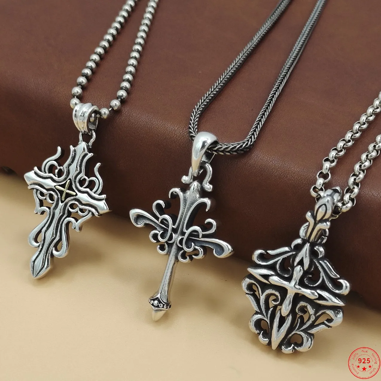 S925 Sterling Silver Charms Pendants for Men Women Retro Hollow Eternal Rattan Pattern Cross Amulet Fashion Jewelry Wholesale