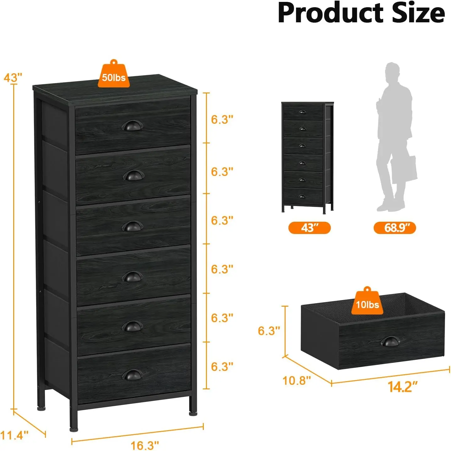 Umail-Commode haute avec 6 portes de proximité, meuble vertical, table de chevet et commode pour chambre à coucher