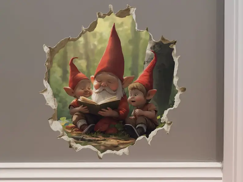 Parent and Child Gnome Reading - Wall Hole 3D Wall Sticker