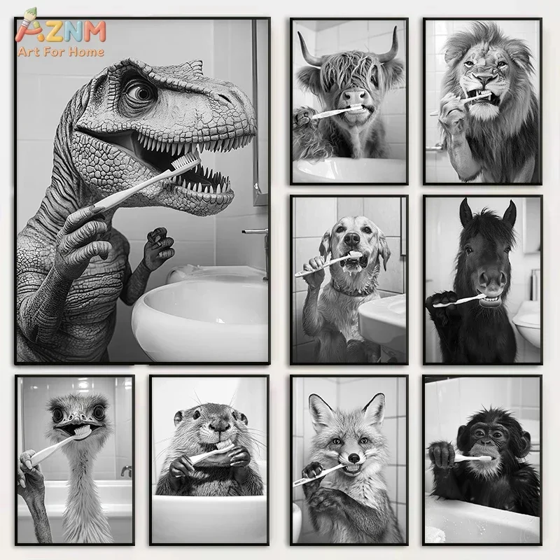 AZNM Funny Animal Brushing Teeth Canvas Wall Art Black White Dinosaur Lion Fox Print Unframed Canvas Painting Bathroom Decor