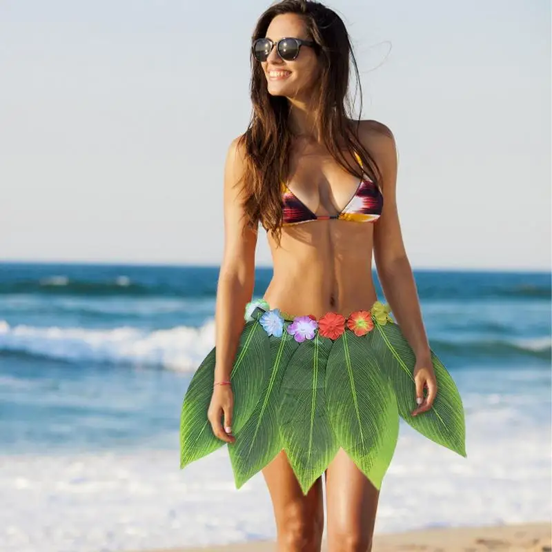 Green Leaf Skirt Soft Elastic Hawaiian Green Leaf Grass Costume Elastic Cloth Kids Skirt For Prom Beach Summer