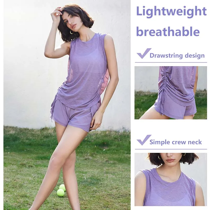Women's Summer Yoga Top Breathable Loose Sleeveless Sports Shirt Drawstring Hem Crew Neck Yoga Cover-up for sports and gym