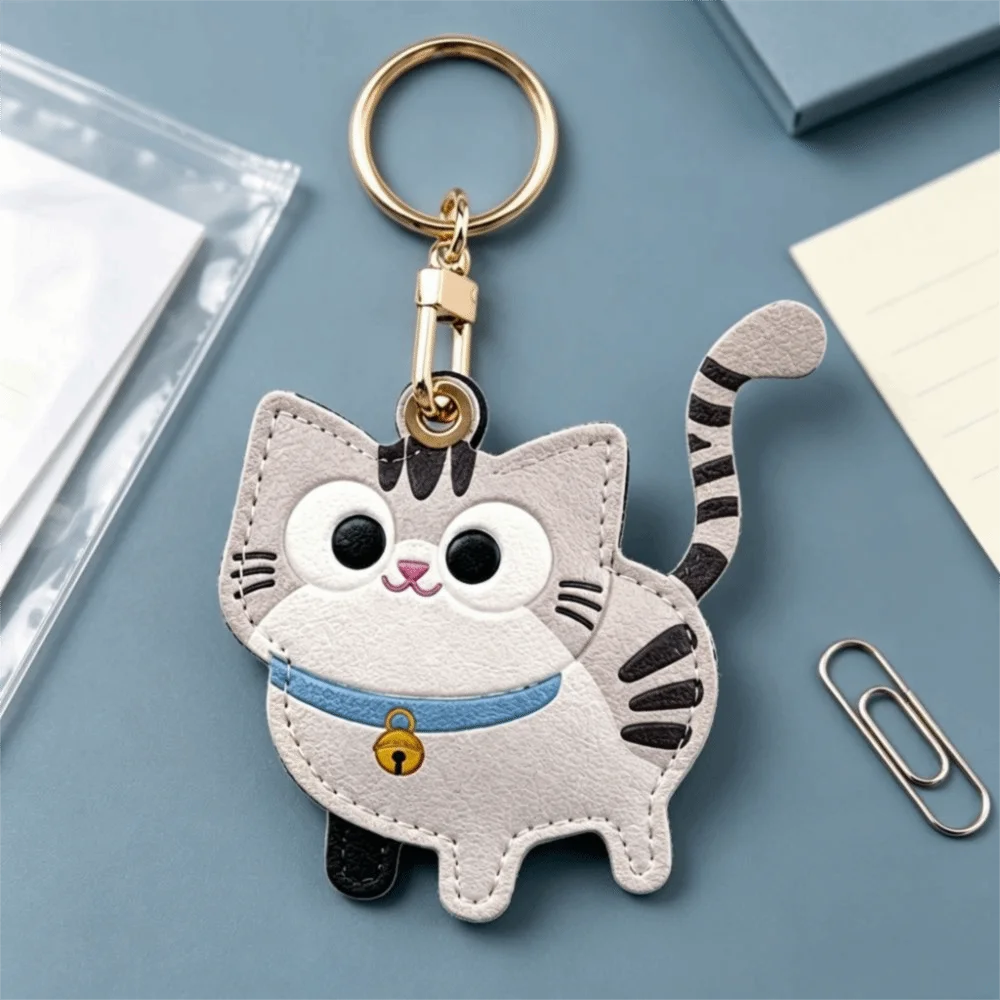 Schlüsselanhänger aus Leder, Kitty-Zugangskartenhülle, niedlicher Anti-Verlust-Ausweishalter, Taschenanhänger, Katzen-Design, Katzen-Schlüsselanhänger für Mädchen – Detail 8