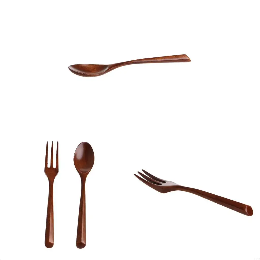 F19B Set Wooden Dinner Spoon Fork Cutlery Salad Cooking Dining Utensil Tableware