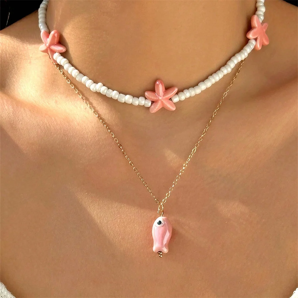 2pcs Beachy Fish & Starfish Pearl Layered Necklace, Suitable For Women's Vacation, Dating, And Gifts, Summer