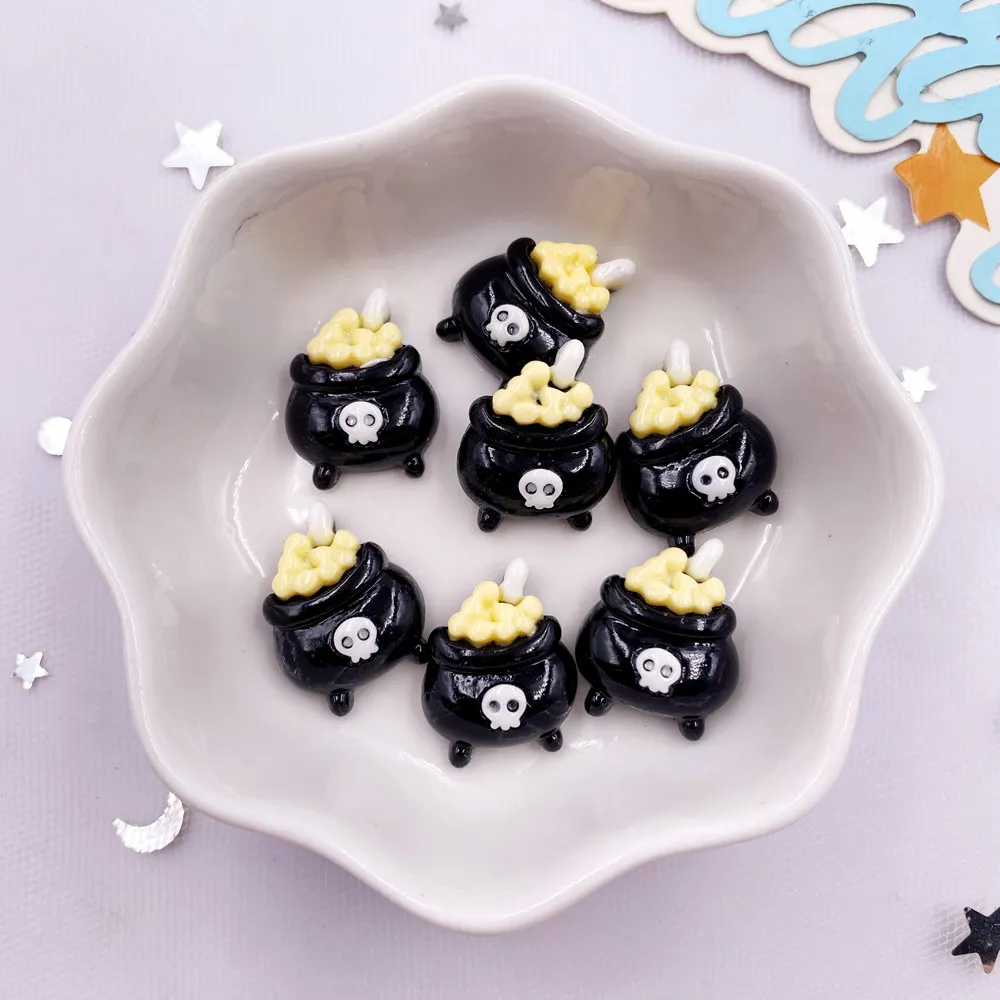 10Pcs Resin Colorful Cute Witch Hat Cat Bat Skull Figurines Flatback Stone DIY Bow Halloween Decor Scrapbook Crafts Accessories