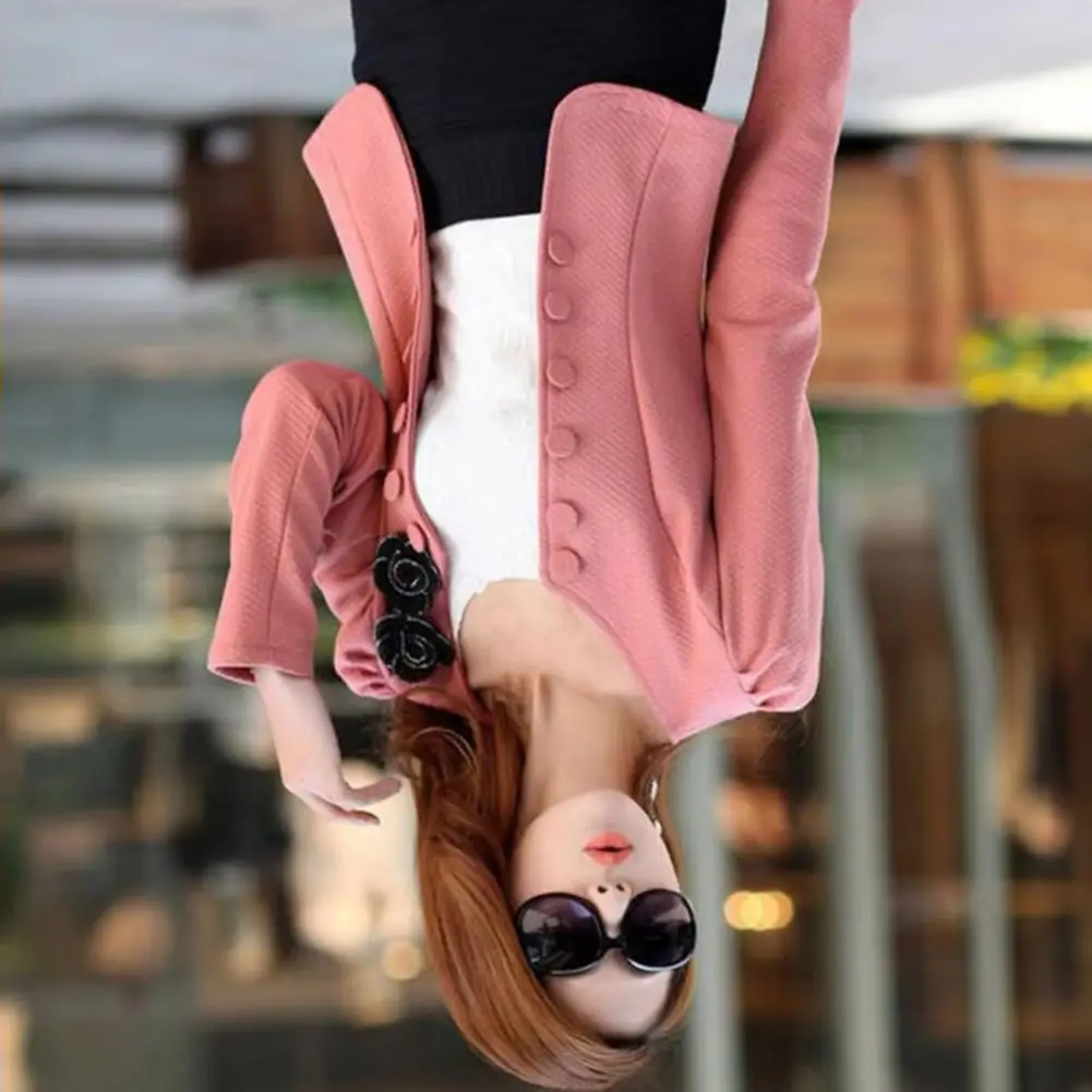 Women Blazer Button Solid Color Long Sleeves Flower Collarless Keep Warm Casual Formal Autumn Coat for Work Women Coat