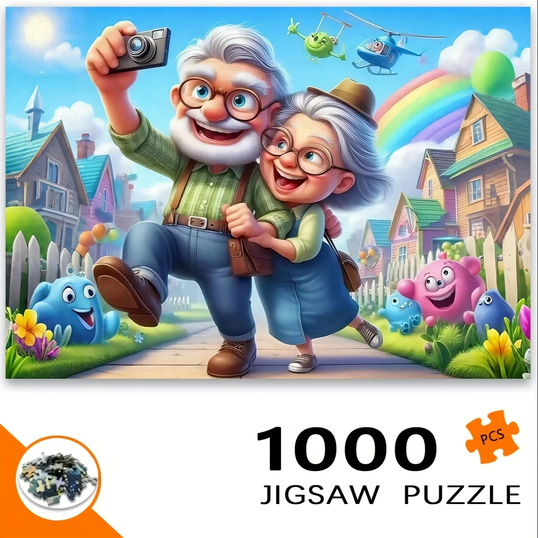 Rompecabezas de amor y viaje para abuelos, 1000 Uds., escena romántica con pareja de ancianos, colores vibrantes, actividad divertida familiar, cerebro DIY