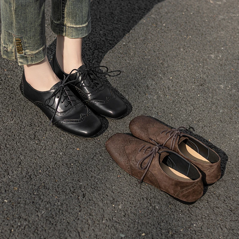 أحذية نسائية أوكسفورد برباط علوي أحذية بسيطة من جلد البقر أحذية نسائية على الطراز البريطاني لربيع الخريف مصنوعة يدويًا أحذية أوكسفورد الأساسية #5