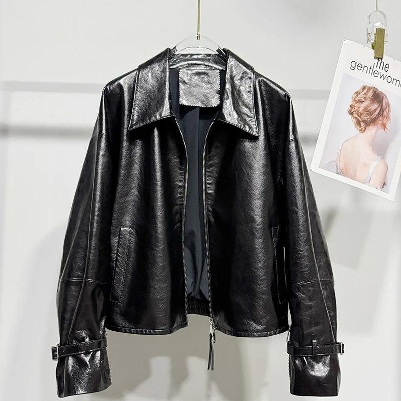 高品質レディース服オイルワックスシープスキンコートジッパー袖タブゆったりカジュアルスタイル新作アウターウェア本革ジャケット