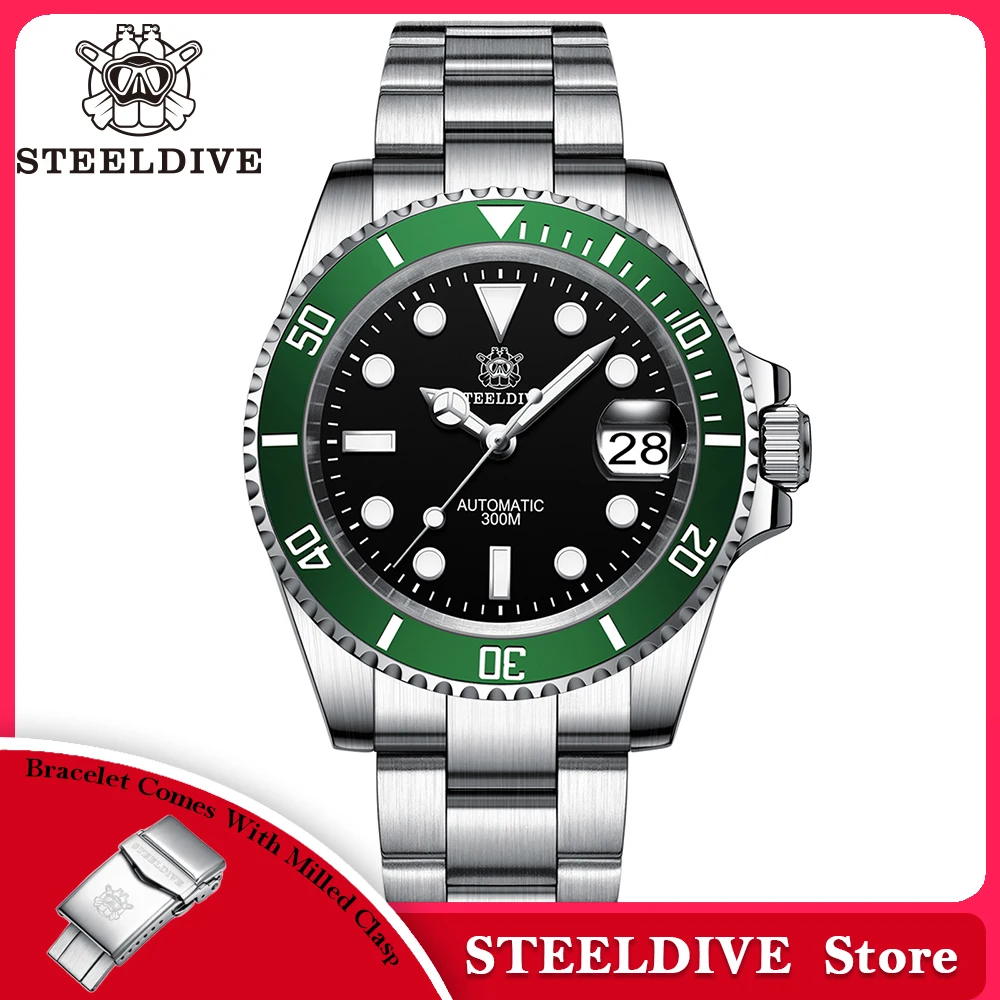 STEELDIVE-Relógio Automático Masculino, Relógios de Mergulho, Moldura Cerâmica Verde, Vidro Sapphire, Mostrador Preto, 300m Impermeável, SD1953