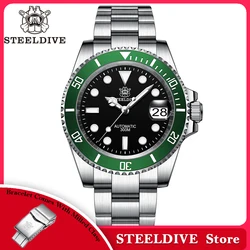 STEELDIVE-Relógio Automático Masculino, Relógios de Mergulho, Moldura Cerâmica Verde, Vidro Sapphire, Mostrador Preto, 300m Impermeável, SD1953