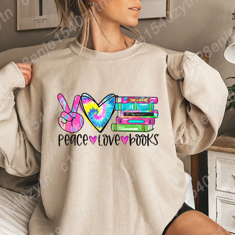 

Hot Selling Women's Clothes Winter Hoodless Sweatshirts Peace Love Books Print Round Neck Pullovers Soft Ladies Casual Pullovers