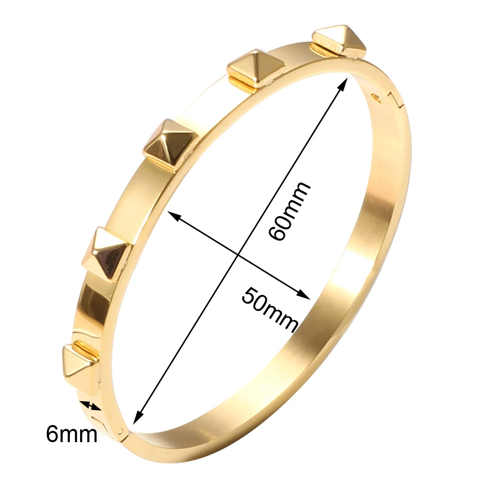 Stainless Steel Rivet Bracelet 6mm Width 5 Pyramid Gold Color Charms Bangle For Women Fashion Jewelry Gift