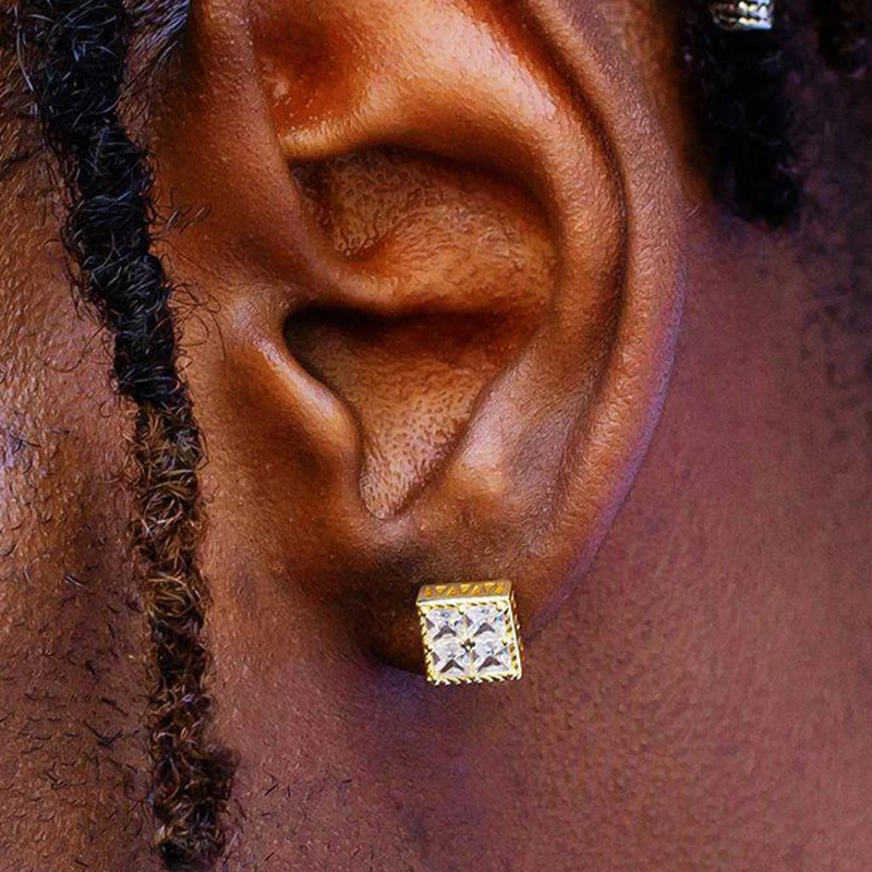 Nuevo exquisito rapero Hip Hop Iced Out Stud pendiente para hombres mujeres Color oro Piercing cristal Punk Rock joyería de moda E150