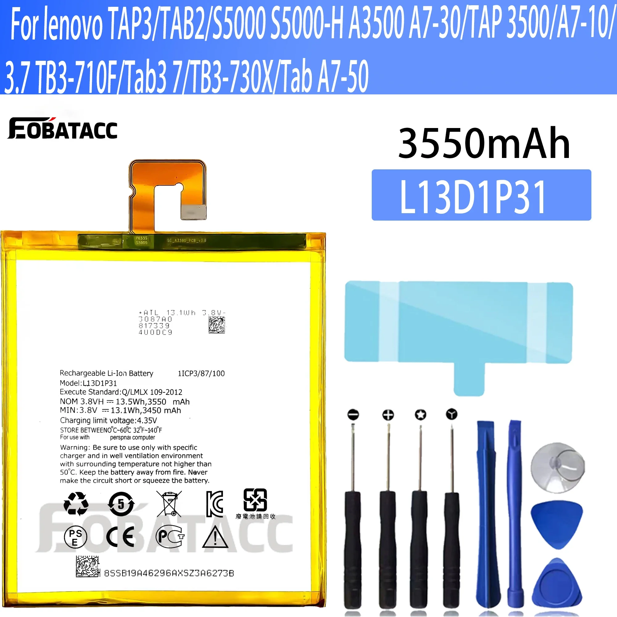 

100% New Original Battery L13D1P31 For lenovo TAP3/TAB2/S5000 S5000-H A3500 A7-30/TAP 3500/A7-10/3.7 TB3-7Battery + Free Tools