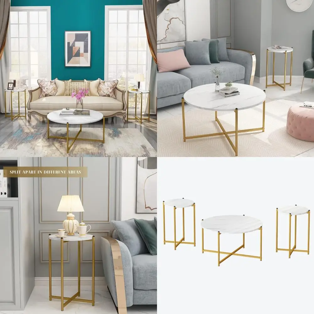 Faux Marble Coffee Table Set - 3 Piece, Including 1 Coffee Table and 2 Sofa Tables, Round Tops with Metal Cross Bases, Ideal for