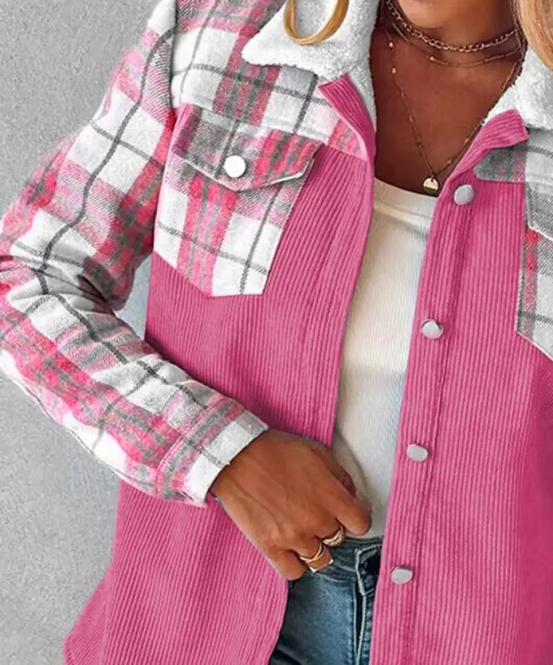 Autumn Women\'s Jacket Colorblock Checkered Print Pattern Corduroy Lining Single Breasted Pocket Casual Commuting Blazer Jacket