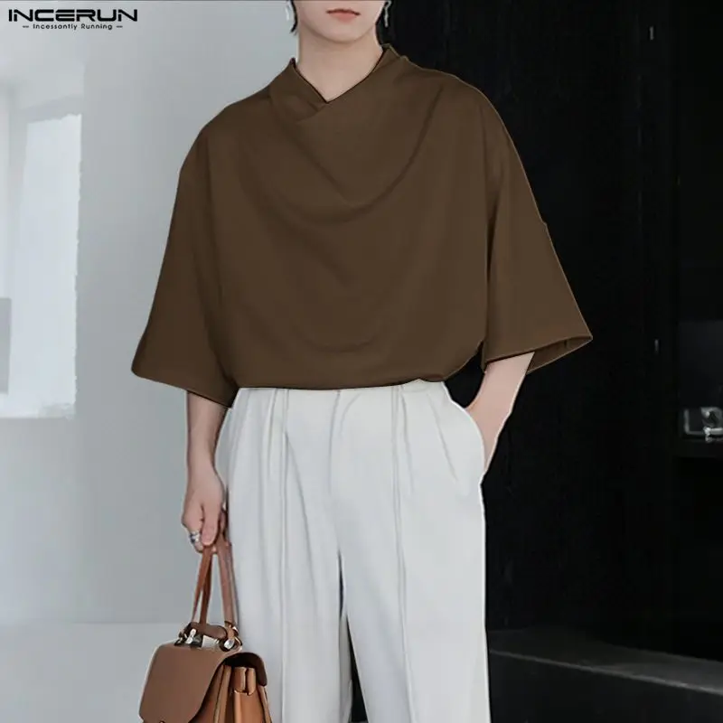

INCERUN Мужская рубашка, однотонная свободная мужская одежда с коротким рукавом, уличная одежда в корейском стиле, модные повседневные топы, мужские рубашки S-5XL