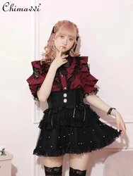 Japanese Style Mine Ruffled Bow Off-Shoulder Sweet Blouse New 2024 Summer Lace Stitching Bow Short Sleeve Lolita Shirt Top