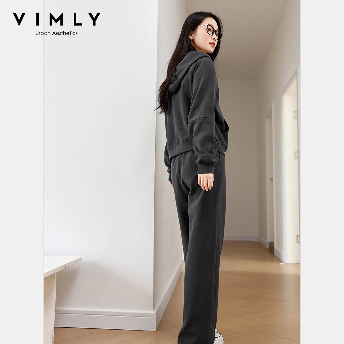 VIMLY Hosen-Sets für Damen, 2-teilig, sportlich, Herbst 20225, mit Kapuze, Kordelzug, Oberteile, lässig, weite Beine, lange Hosen, Damen-Hosen-Sets M8373