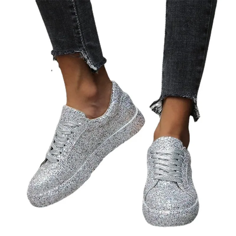 2024 Women Lace Up Sneakers Glitter Autumn Flat Vulcanized Ladies Bling Casual Female Fashion Platform Zapatos De Mujer Shoes