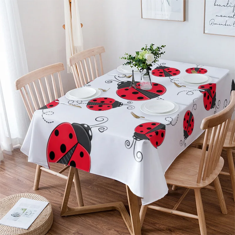 Cartoon Red Ladybug Rectangle Tablecloth Stain Resistant Table Kitchen Decor Holiday Wedding Party Tablecloth