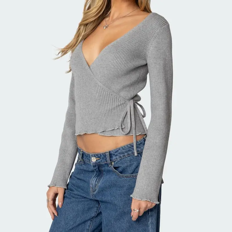 

Combhasaki женский шикарный элегантный однотонный свитер в рубчик пальто тонкий с длинным рукавом на талии с поясом и v-образным вырезом трикотажные кардиганы