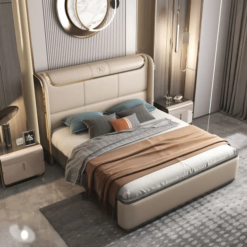 

Мягкая винтажная роскошная кожаная кровать размера «queen-size», деревянная коричневая кровать для хранения, двуспальная кровать