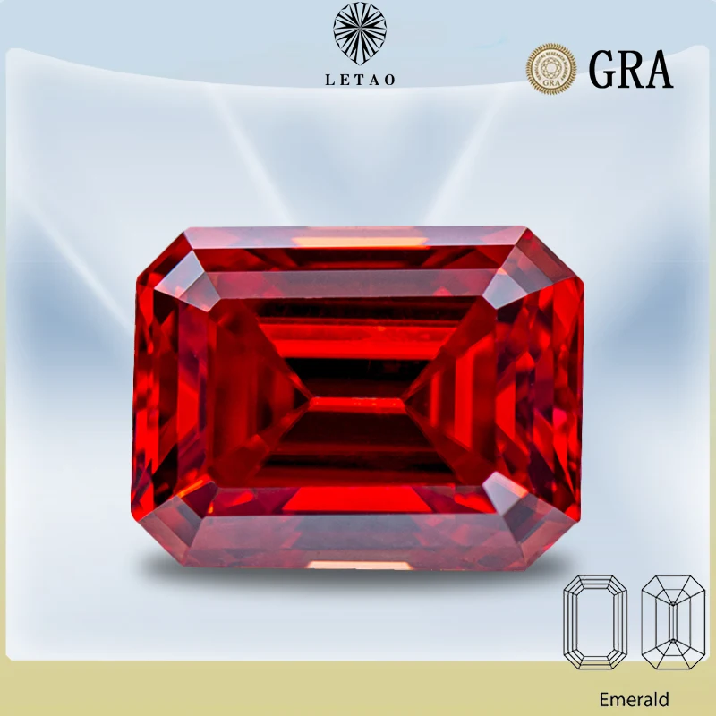 

Moissanite Stone Garnet Color Emerald Cut Lab Grown Diamond Charms Ring Necklace Earrings Main Materials with GRA Certificate