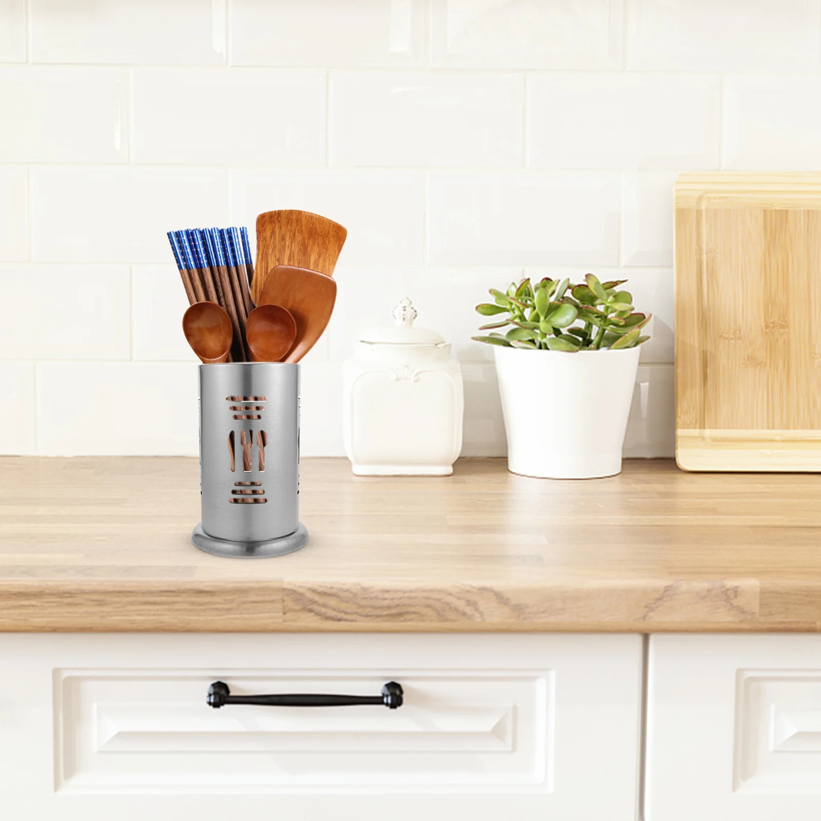 

Stainless Steel Kitchen Utensil Holder Cutlery Drainer Simple Smooth Design Easy Access Storage Organize Cutlery Holder