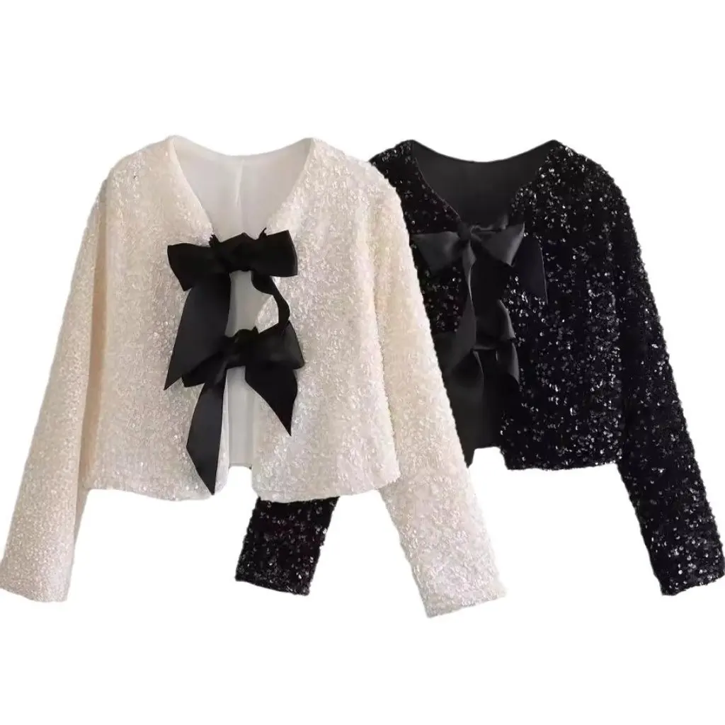 

Women's Slim Fit Sequin Top with Bow-Tie European And American Style Long-Sleeved Fashionable Women's Clothing for